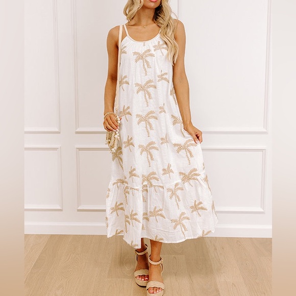 Impressions Boutique Palm Tree Embroidered Cotton Midi Dress Rope Straps Size M - Picture 8 of 14